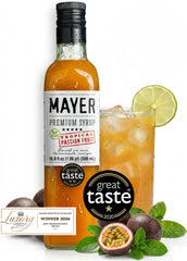 Mayer bottle front view showing premium passion fruit syrup for cocktails