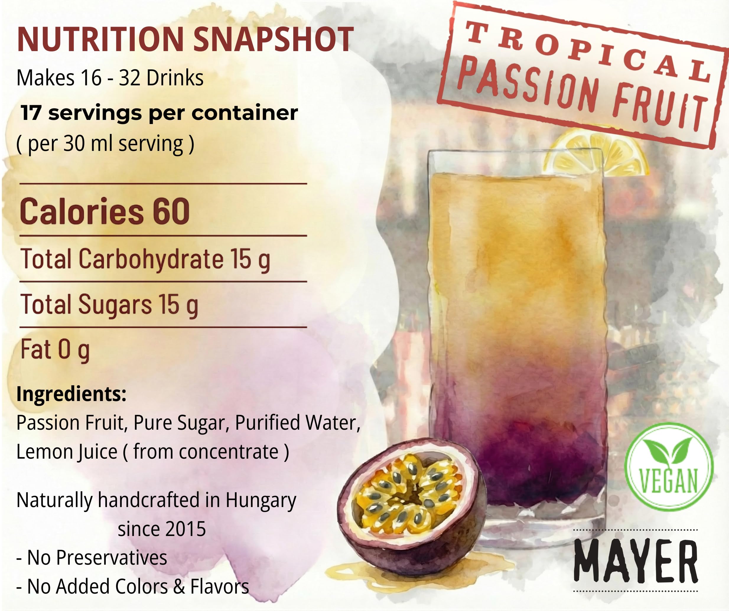 Mayer syrup mixed in tropical cocktail demonstrating bold passion fruit flavor