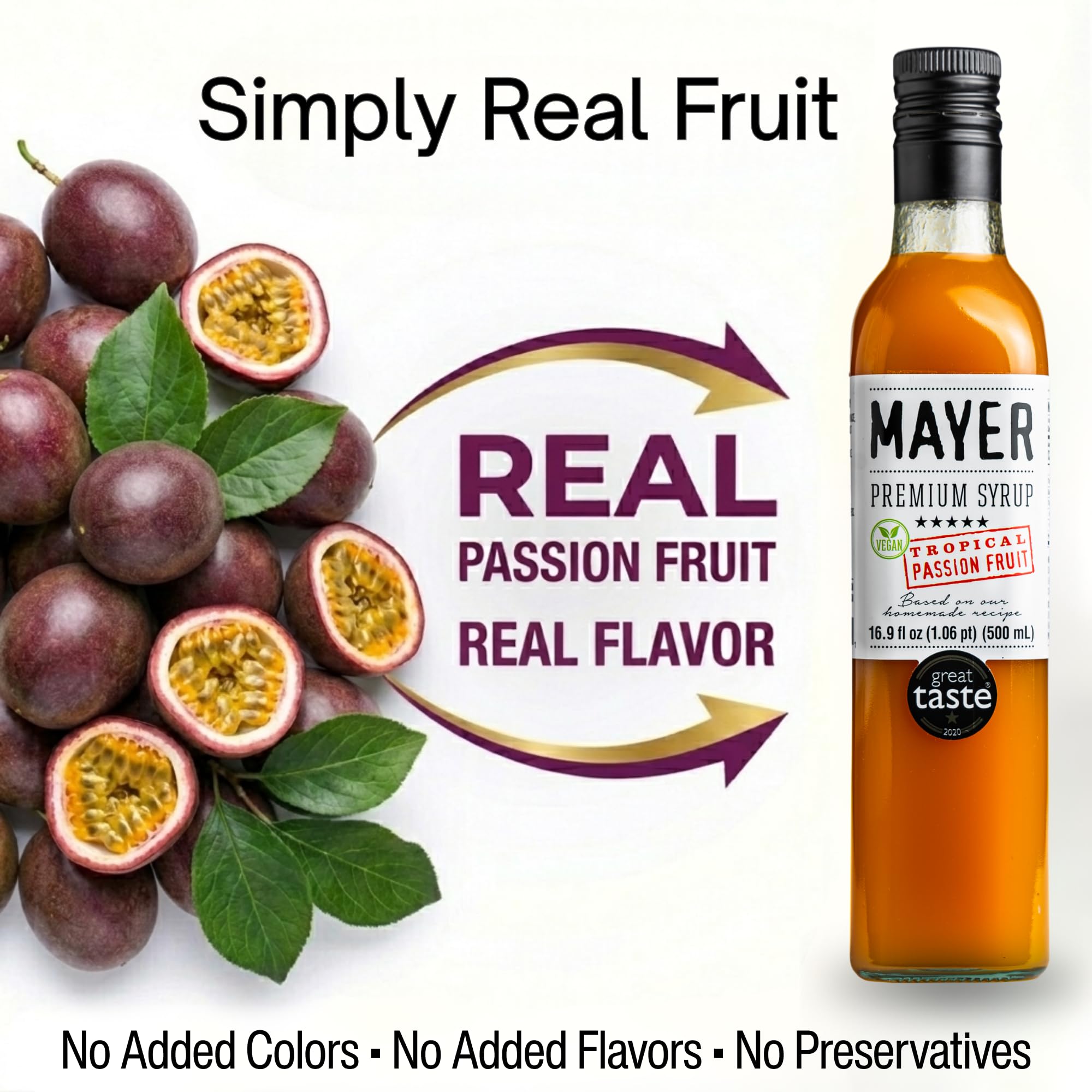 Mayer label close-up highlighting artisan Hungarian syrup quality benefits