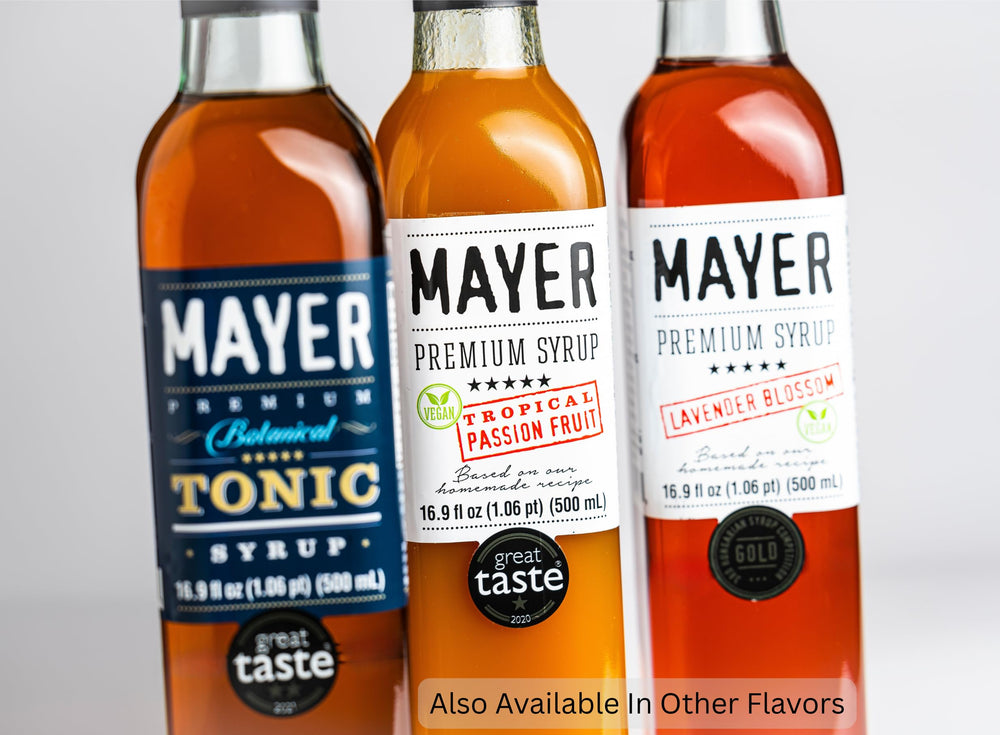 Bar counter scene with Mayer syrup showing professional cocktail use