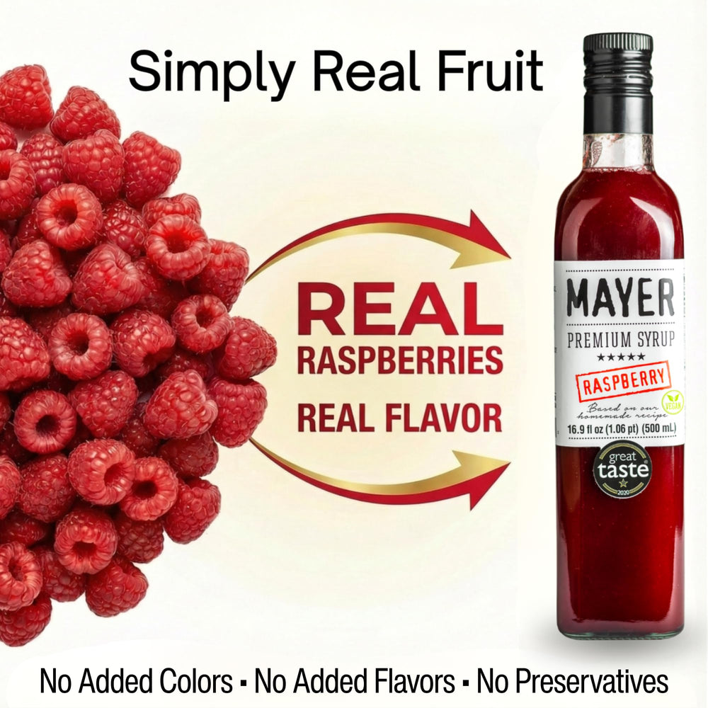 Mayer syrup pouring close-up showing thick raspberry texture and vibrant color