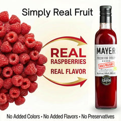 Mayer syrup pouring close-up showing thick raspberry texture and vibrant color