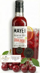 Mayer front bottle showing vibrant sour cherry syrup and premium packaging benefit clarity