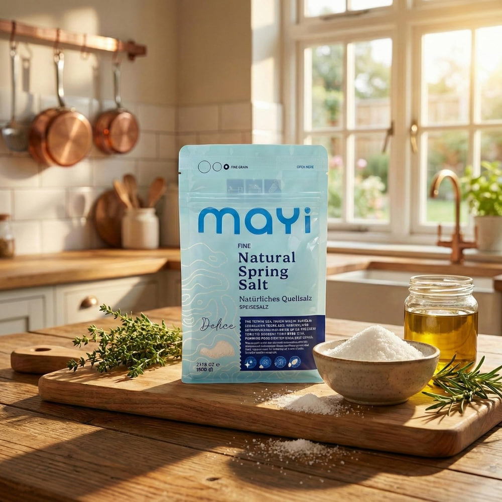 MAYİ salt texture in spoon showing fine grind for even mixing