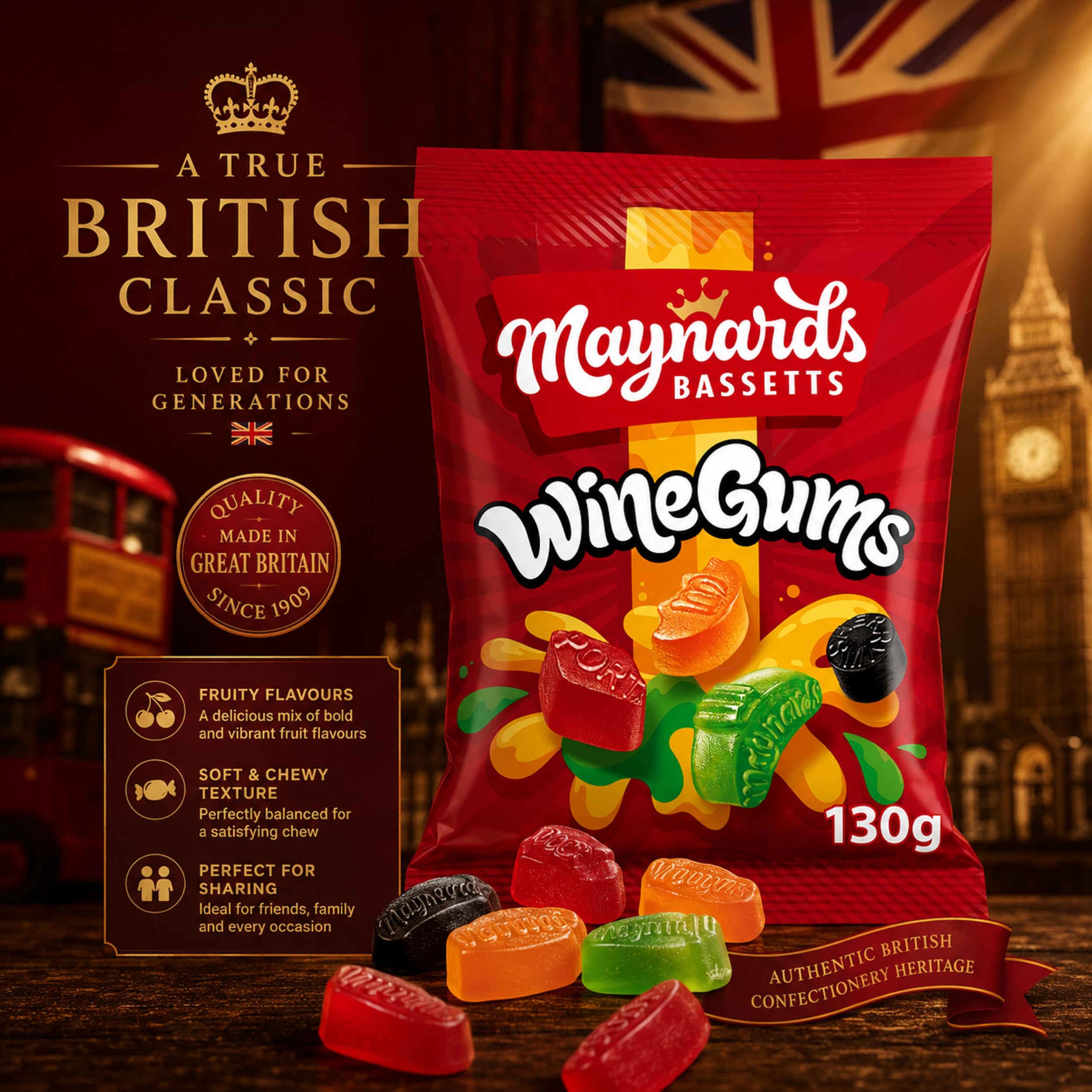 Maynards Bassetts open bag spilling gummies showing easy sharing benefit