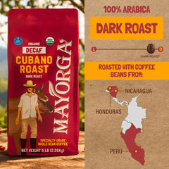 hand holding Mayorga whole beans to illustrate scale and freshness for portioning guidance