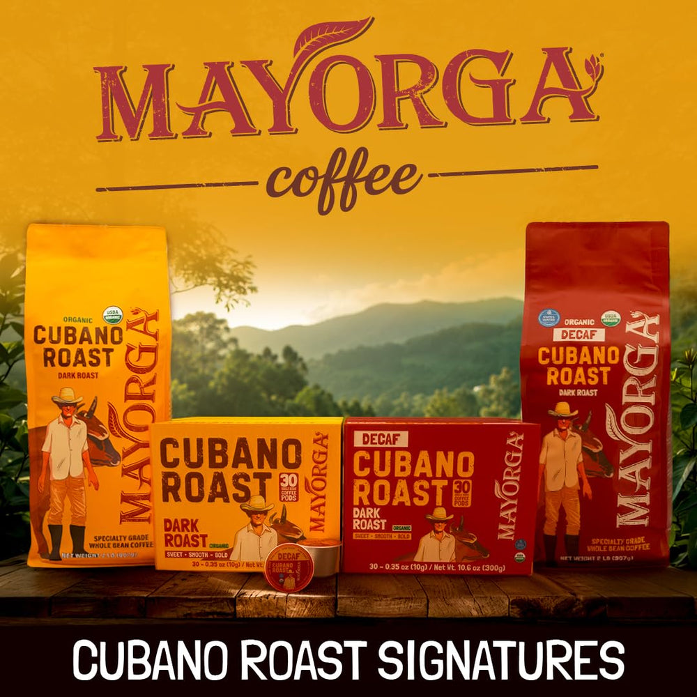 kitchen counter scene with Mayorga decaf bag and brewed cup conveying lifestyle and everyday use