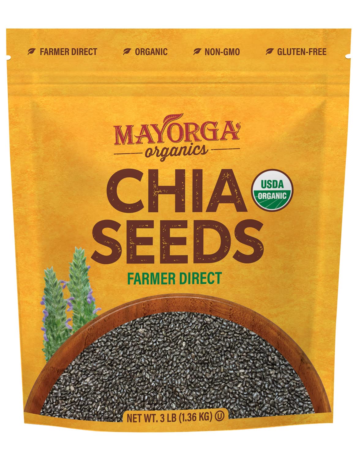 Mayorga front packaging 3 lb resealable bag showing label and certifications for easy storage benefit