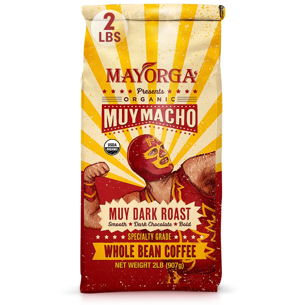 Mayorga front packaging of Muy Macho 2 lb bag showing brand and bold roast benefit