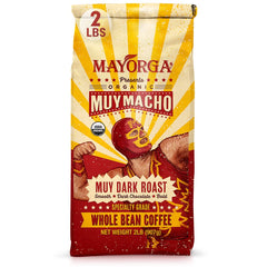 Mayorga front packaging of Muy Macho 2 lb bag showing brand and bold roast benefit