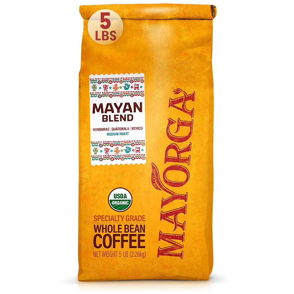 Mayorga front packaging showing 5 lb bag and organic badge benefits freshness