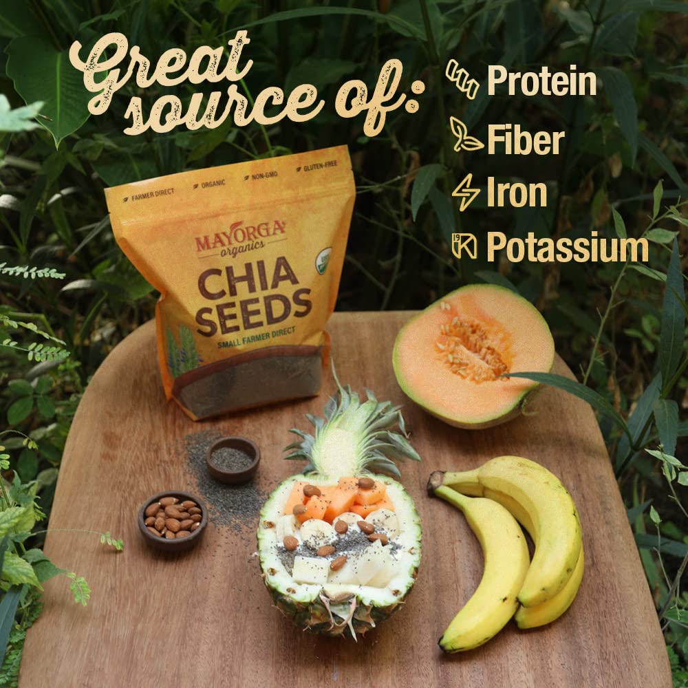 Mayorga chia seeds on measuring spoon showing portion control and convenient usage