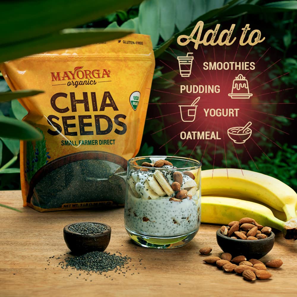 Mayorga smoothie topped with chia seeds showing added fiber and plant-based omega-3 boost