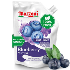 Mazzoni front packaging of 2.2 lb blueberry puree showing brand and pouch for convenience