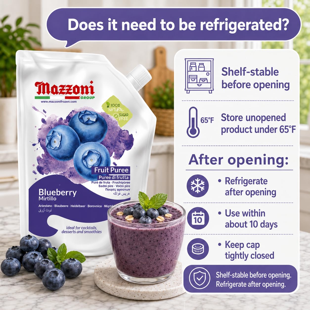 spoonful of Mazzoni blueberry puree showing smooth texture and vibrant color for recipes