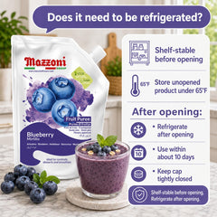spoonful of Mazzoni blueberry puree showing smooth texture and vibrant color for recipes