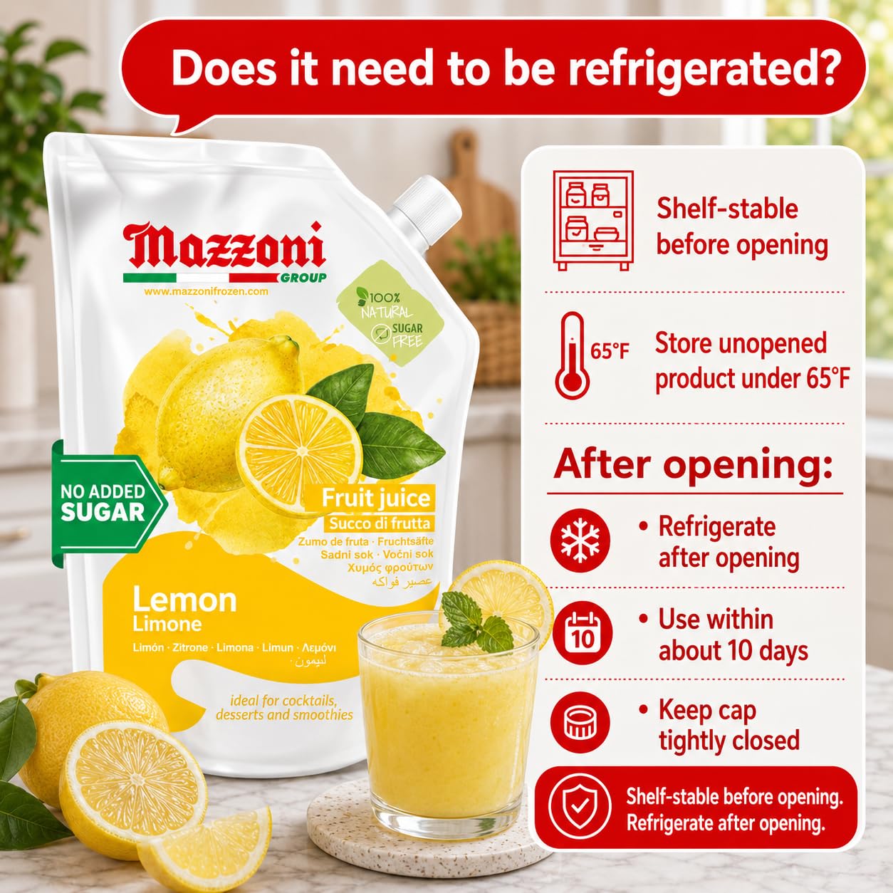 Mazzoni lemon juice being poured from pouch highlighting easy dispensing benefit