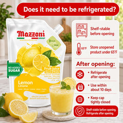 Mazzoni lemon juice being poured from pouch highlighting easy dispensing benefit