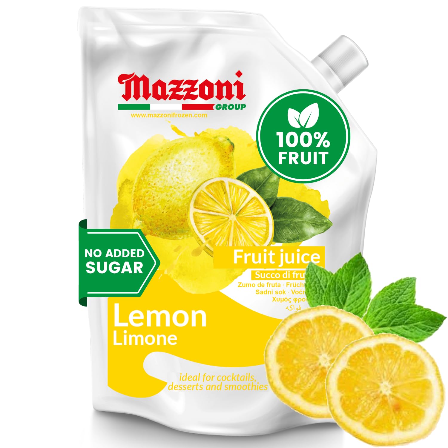 Mazzoni front pouch showing lemon juice label and convenient storage benefit