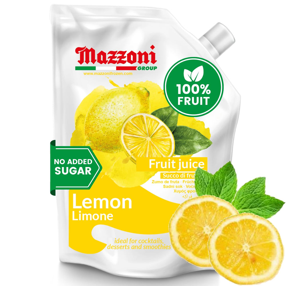 Mazzoni front pouch showing lemon juice label and convenient storage benefit