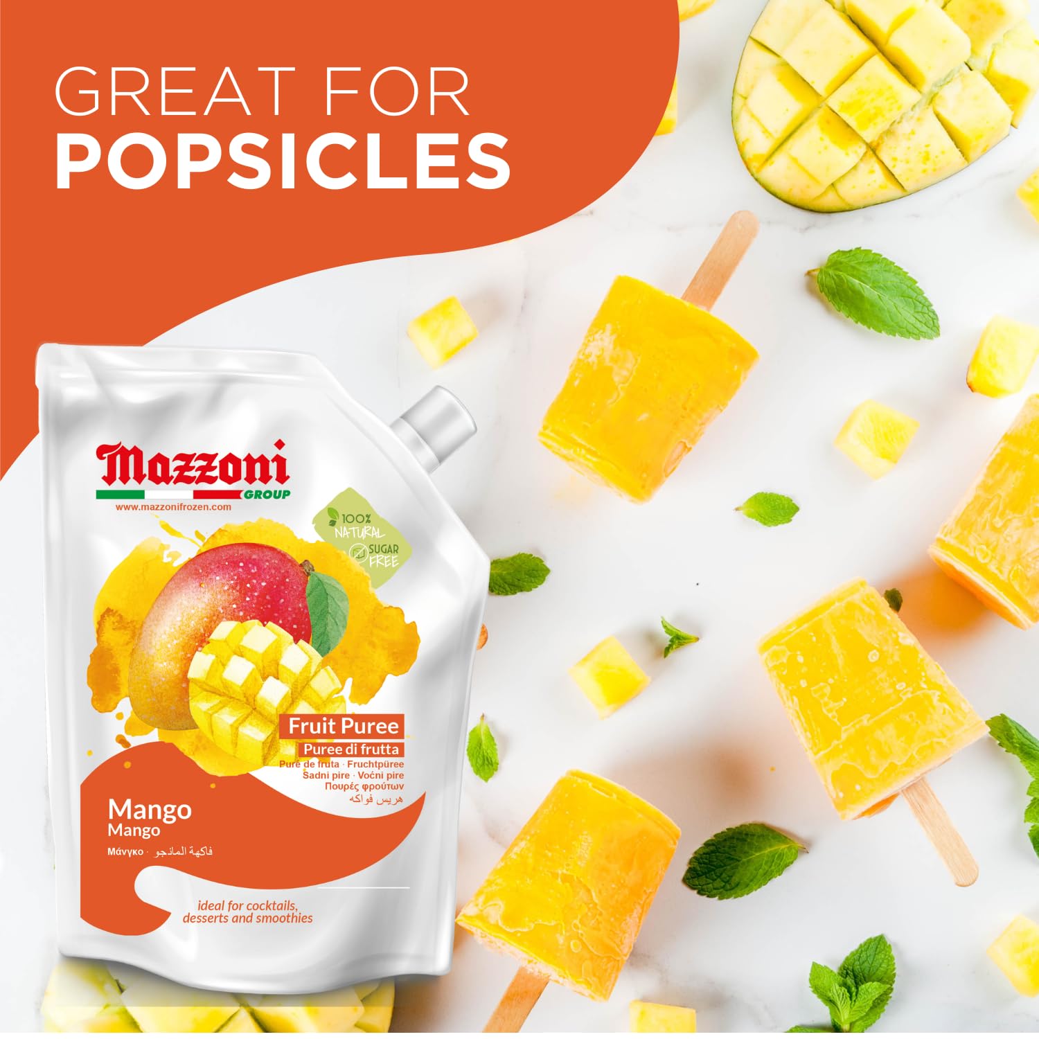 Mazzoni mango puree in cocktail glass, adds bold flavor and bright color