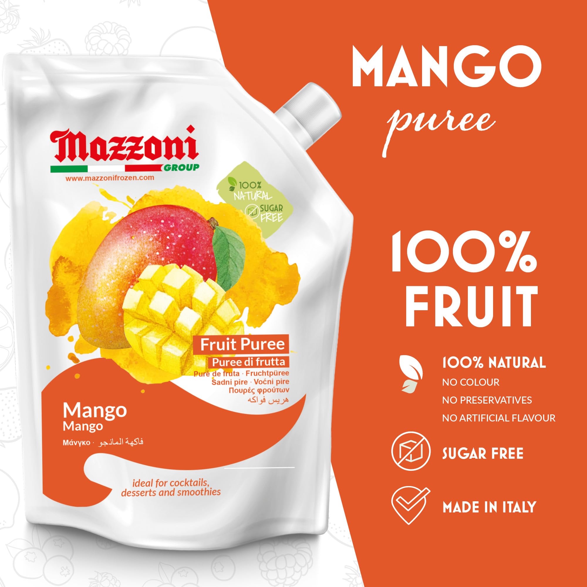 Mazzoni pouch close-up label showing ingredients and pure mango benefit