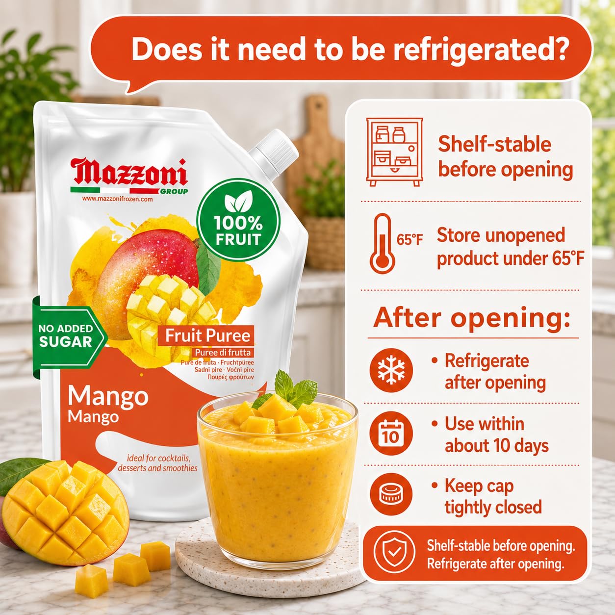 Pouring Mazzoni mango puree into a glass, shows smooth pour and vibrant color