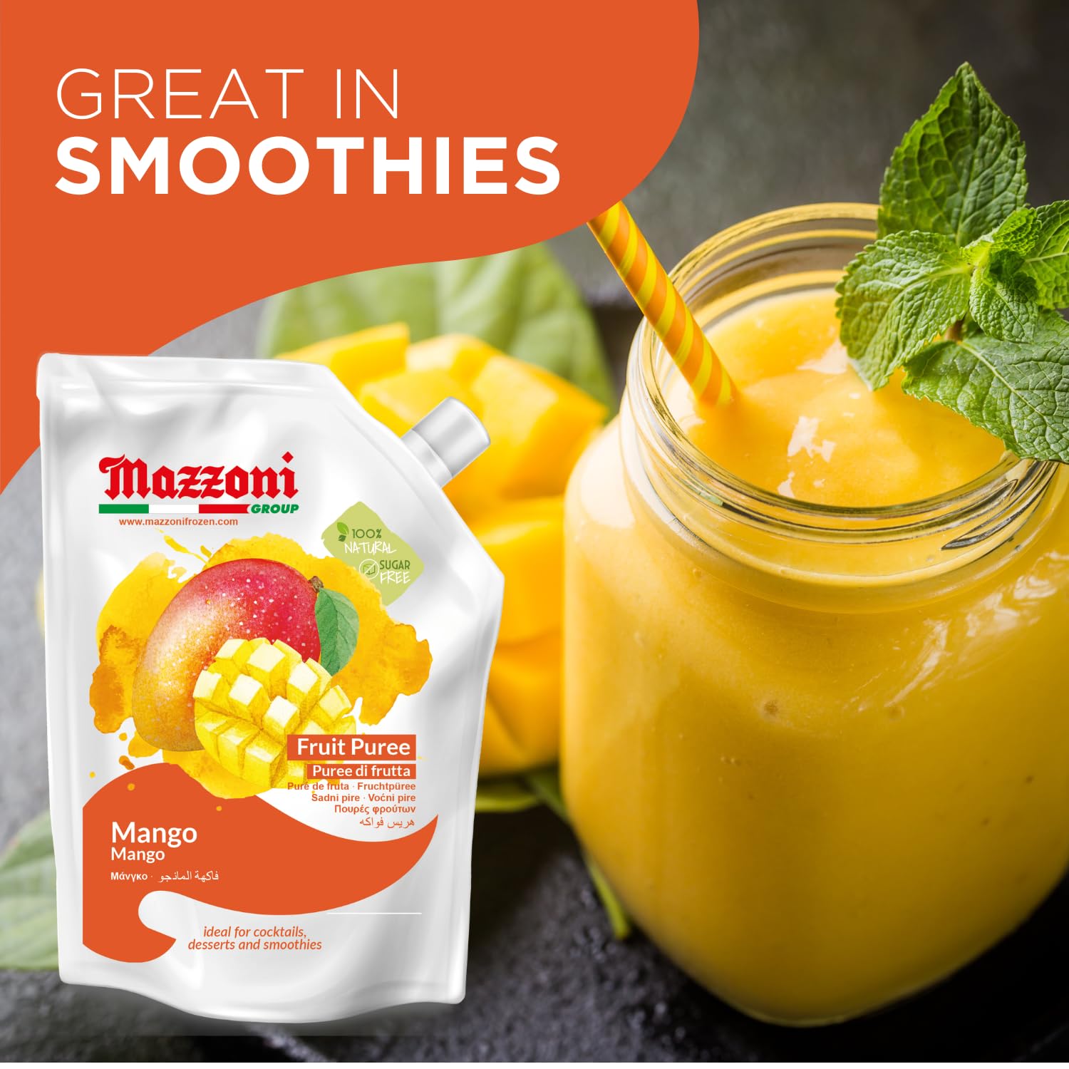 Smoothie bowl topped with Mazzoni mango puree, offers creamy fruit richness