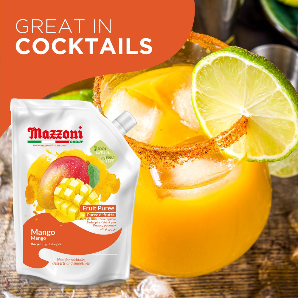 Spoon lifting Mazzoni mango puree, reveals thick texture and natural fruit appeal