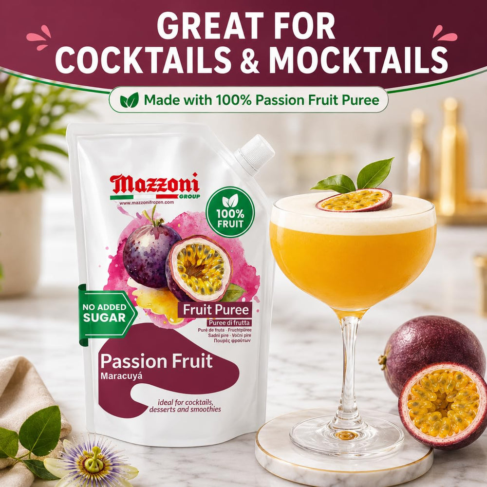 Mazzoni passion fruit cocktail topped with puree, adds color and fresh taste
