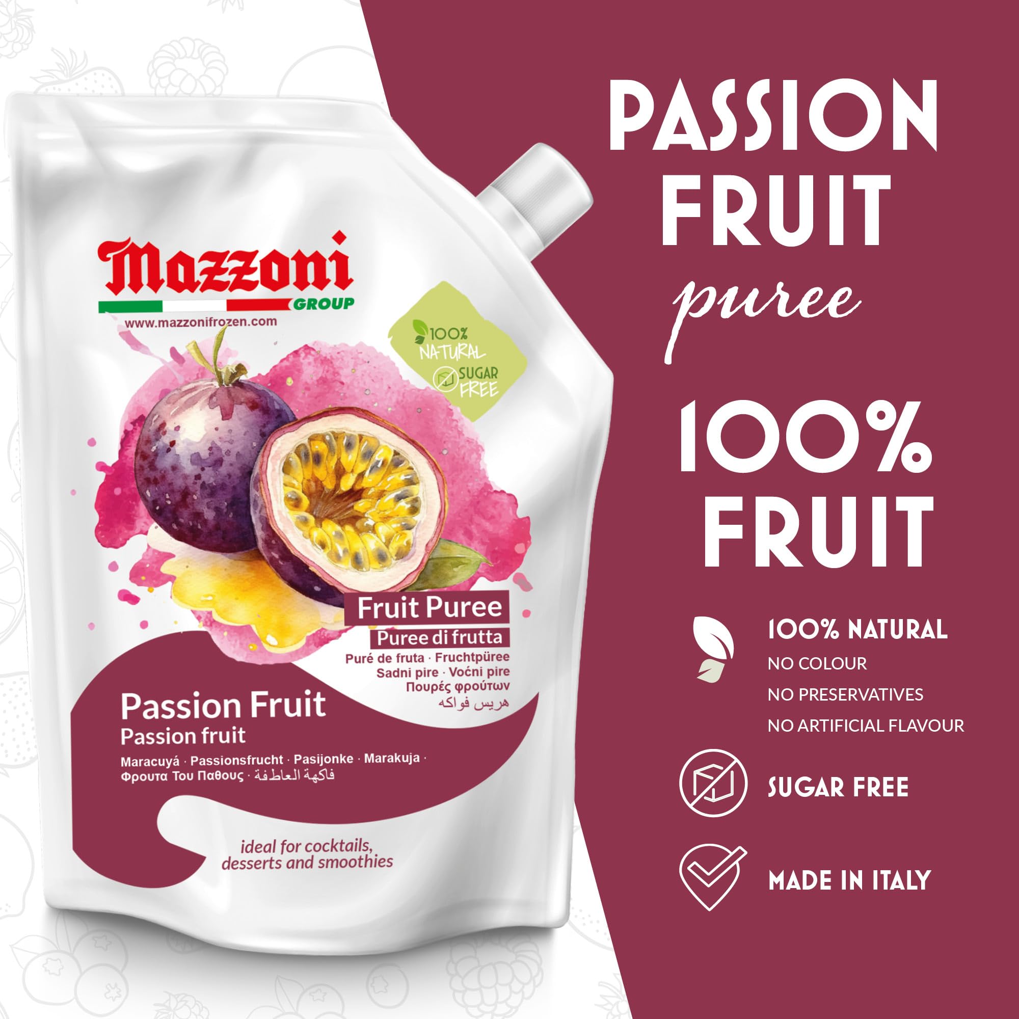 Mazzoni puree pouring from pouch into glass, ready to mix into cocktails