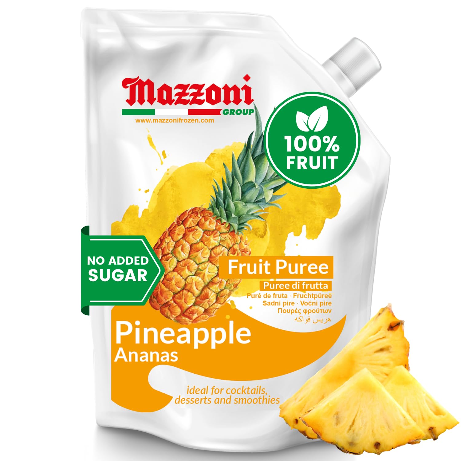 Mazzoni pineapple puree front pouch shows branding and pouch design benefit convenience