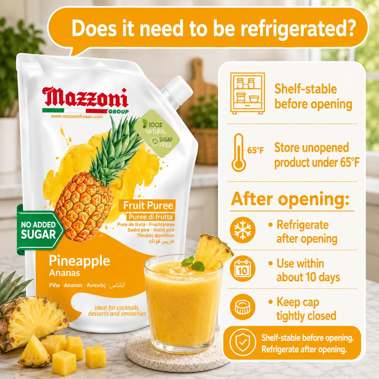 Mazzoni pineapple puree pouring into glass for cocktails with consistent tropical flavor