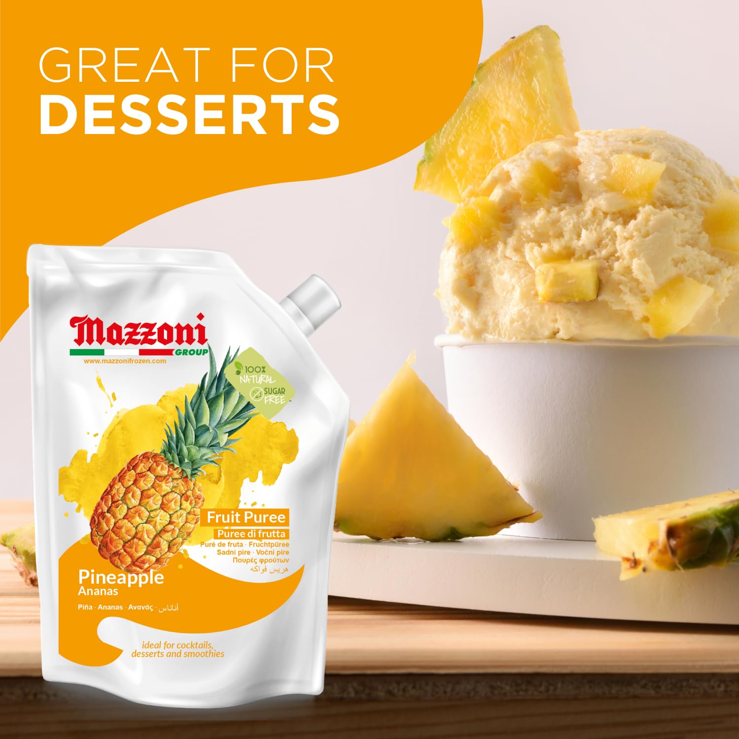 Mazzoni pineapple puree in smoothie bowl showing quick breakfast fruit boost