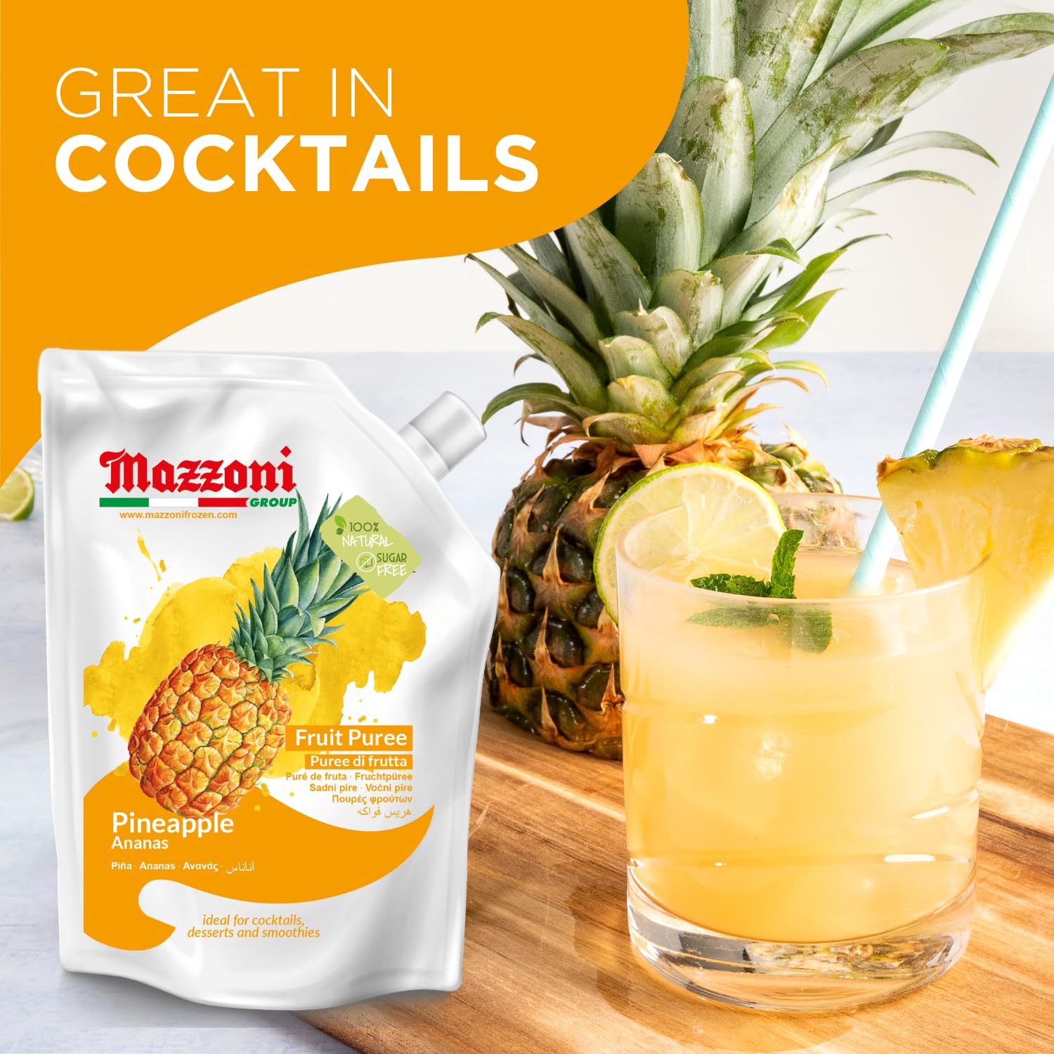 Mazzoni pineapple puree texture close-up highlighting smooth fruit body and natural richness