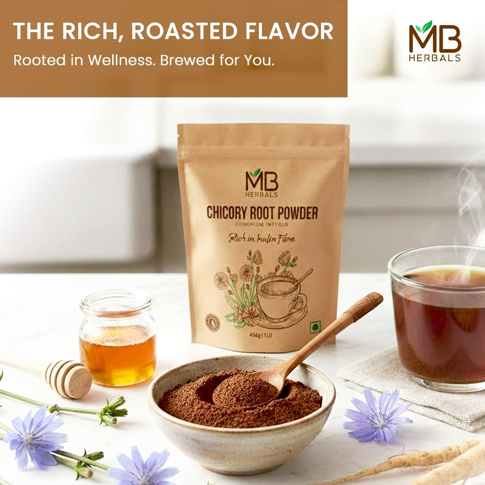 MB Herbals bag beside roasted chicory roots showing natural sourcing and origin