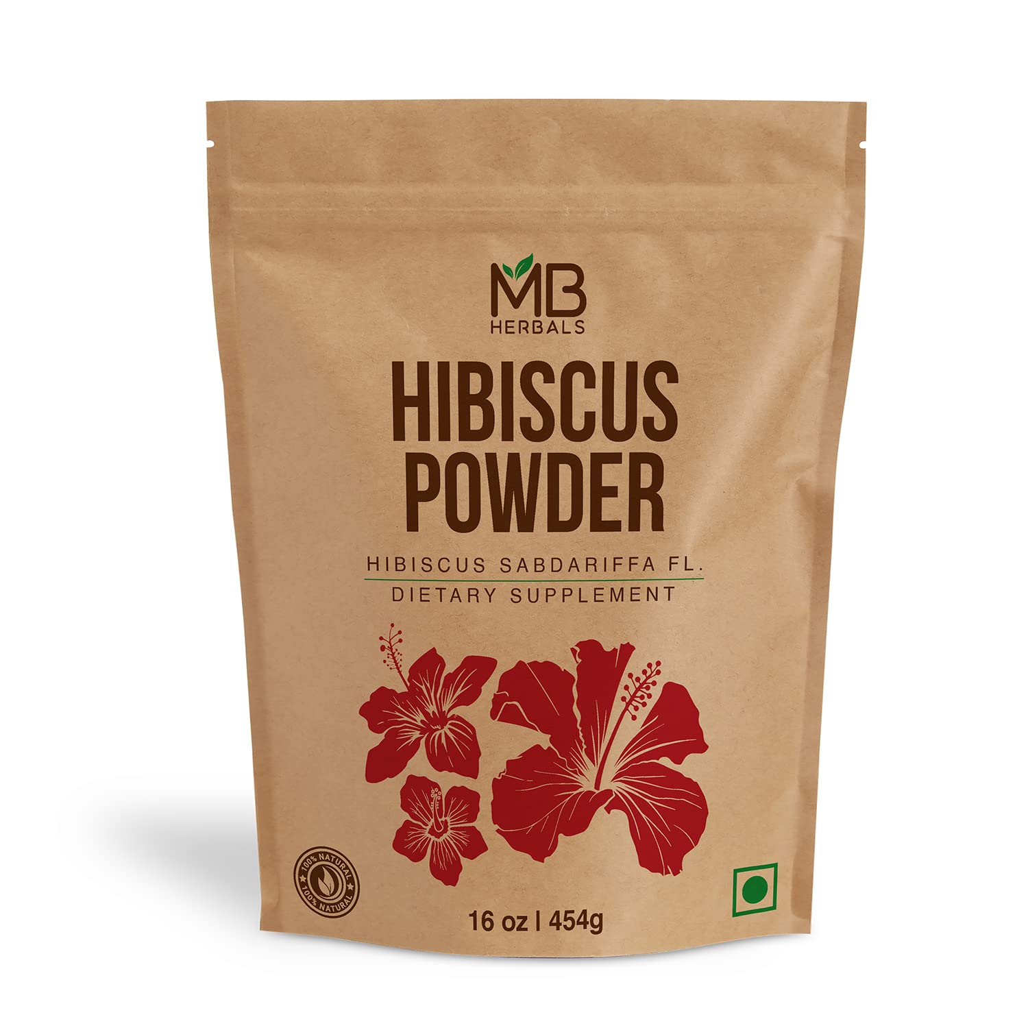 MB Herbals front packaging showing 16 oz hibiscus powder for convenient storage