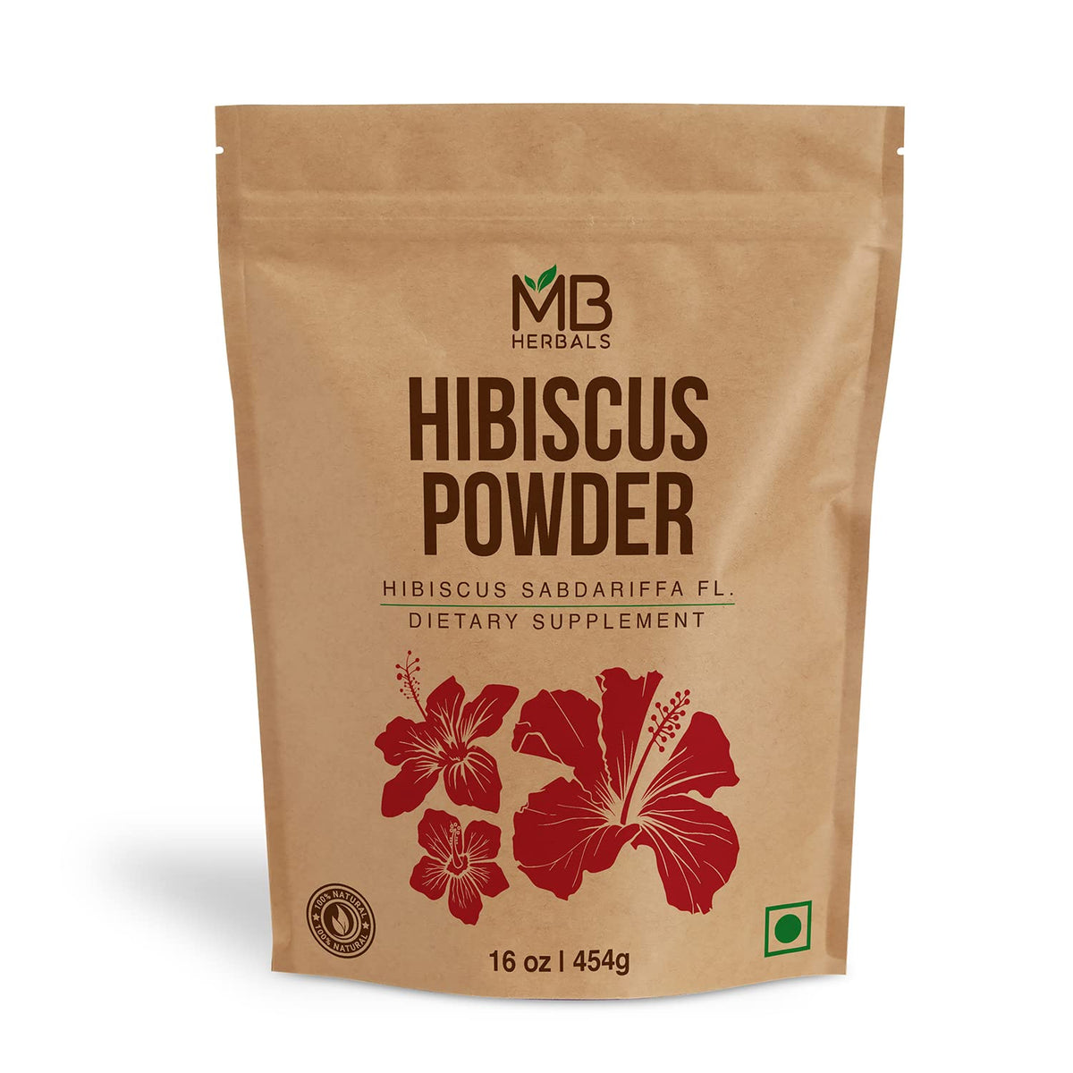 MB Herbals front packaging showing 16 oz hibiscus powder for convenient storage