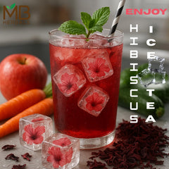 MB Herbals hibiscus tea in a glass demonstrating vivid color and refreshing drink