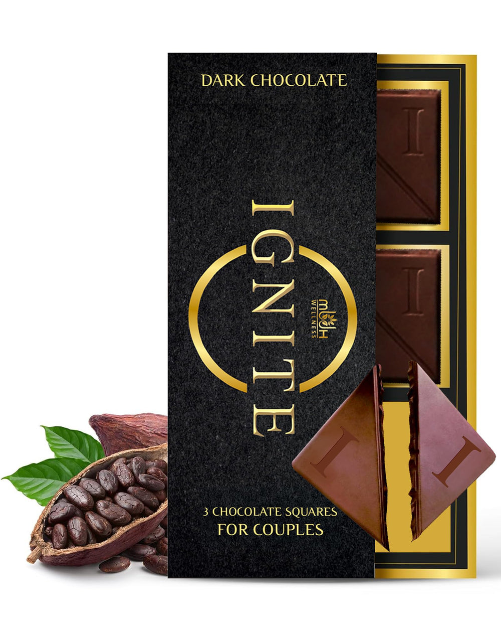 MBDH Wellness front packaging showing elegant Ignite dark chocolate for gifting and sharing