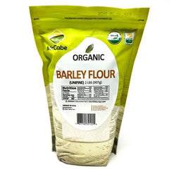McCabe barley flour front packaging showing organic badge and 2 lb size, conveys quality