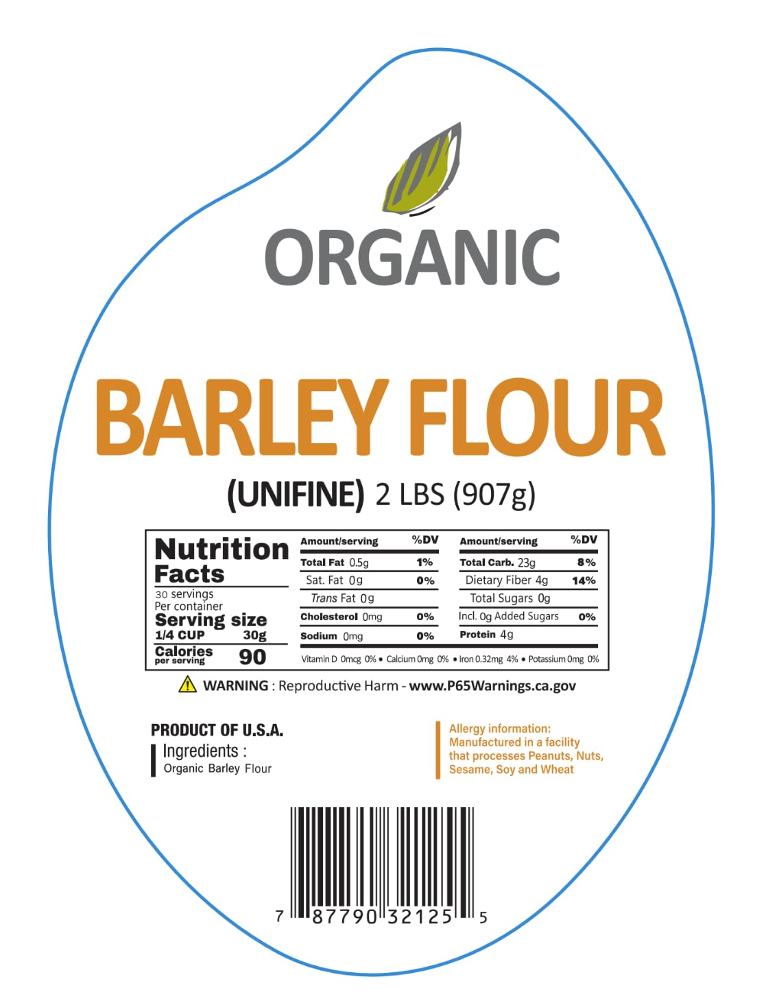 Product label close-up on McCabe barley flour showing USDA and CCOF certification and weight