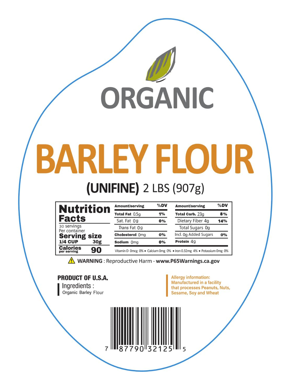 Product label close-up on McCabe barley flour showing USDA and CCOF certification and weight