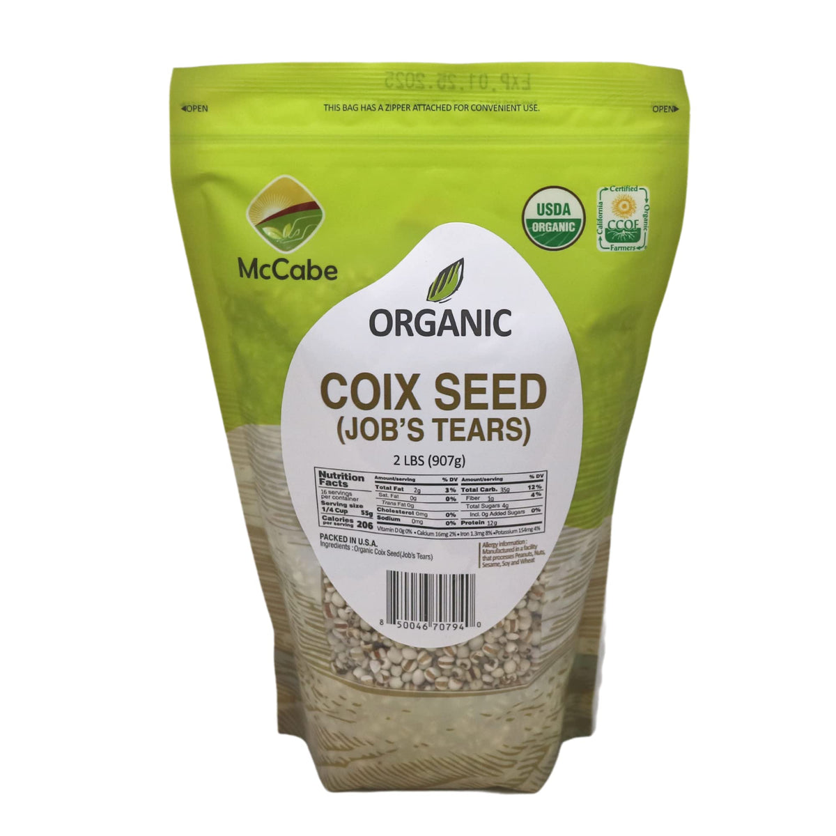 McCabe front packaging showing organic label and 2 lb size benefit