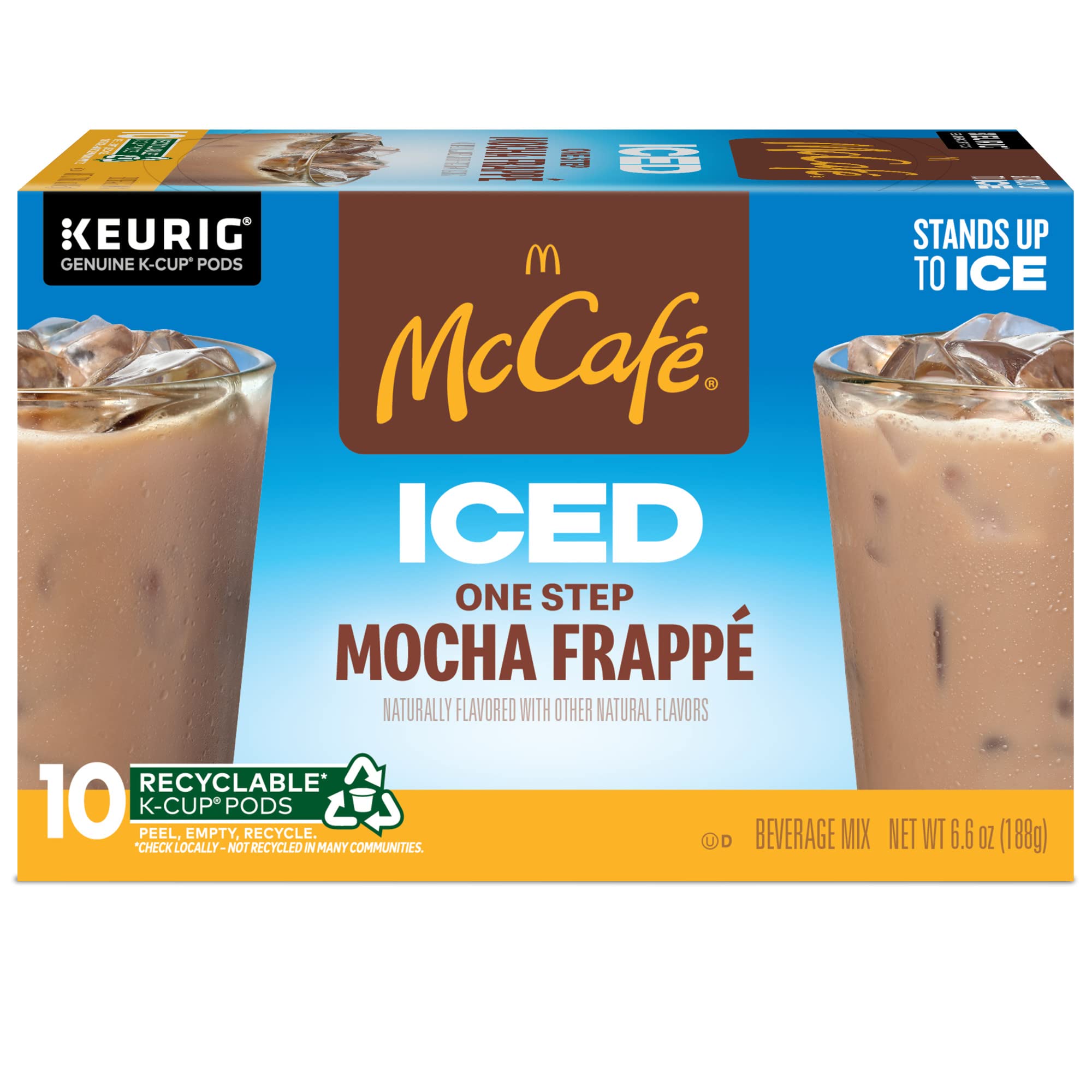 Person enjoying McCafé iced mocha outdoors showing portable refreshing beverage