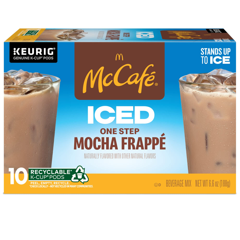 Person enjoying McCafé iced mocha outdoors showing portable refreshing beverage