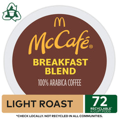 McCafé K-Cup side profile with peel tab visible, illustrating easy disposal and recycling