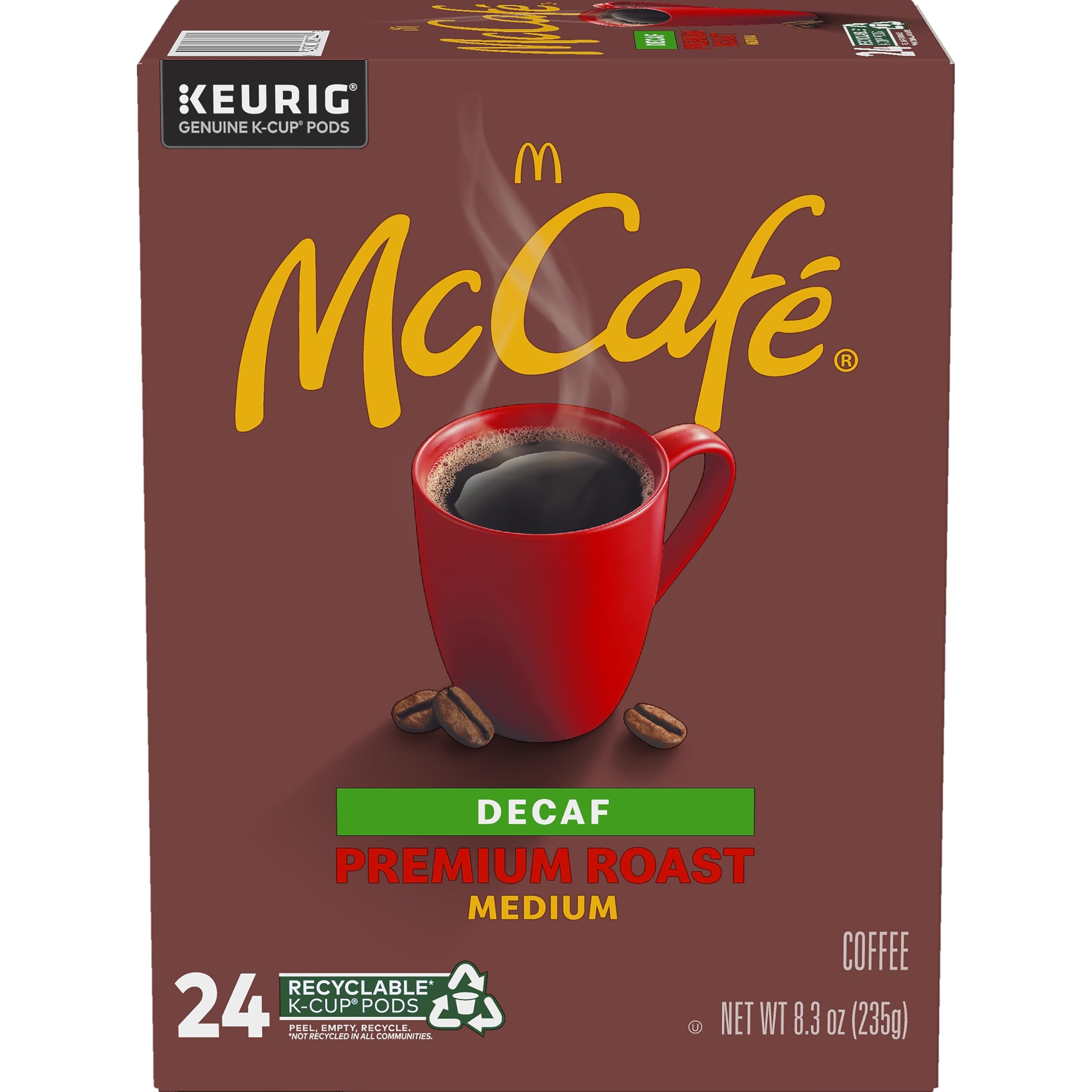 McCafe front packaging showing 24-count box and decaf label benefit convenience