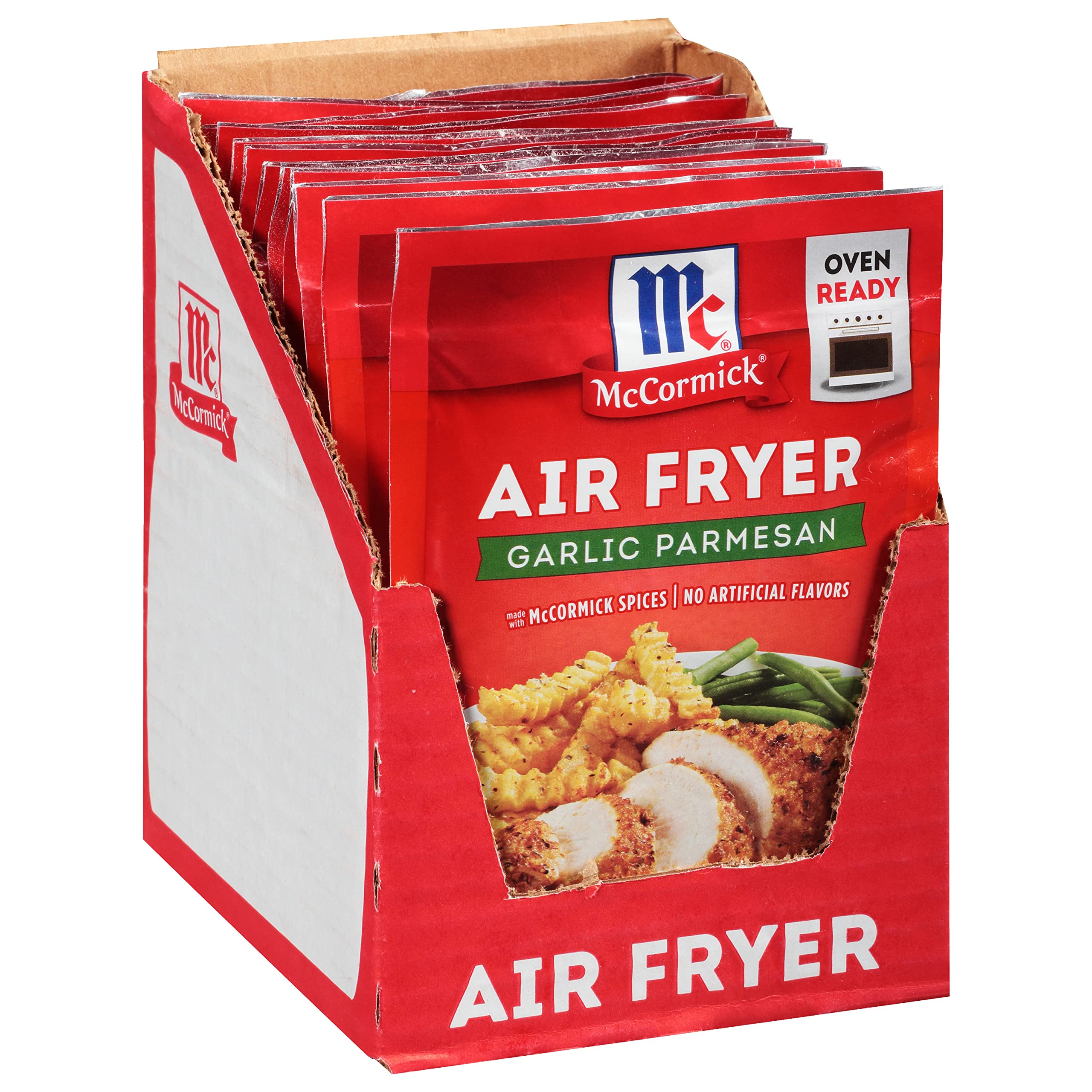McCormick front packaging showing brand and garlic parmesan mix benefit crisp results