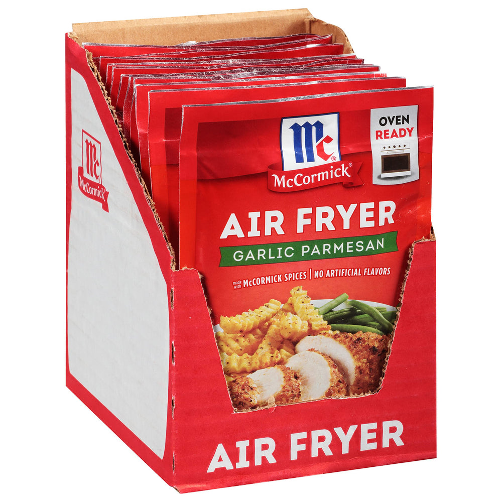 McCormick front packaging showing brand and garlic parmesan mix benefit crisp results